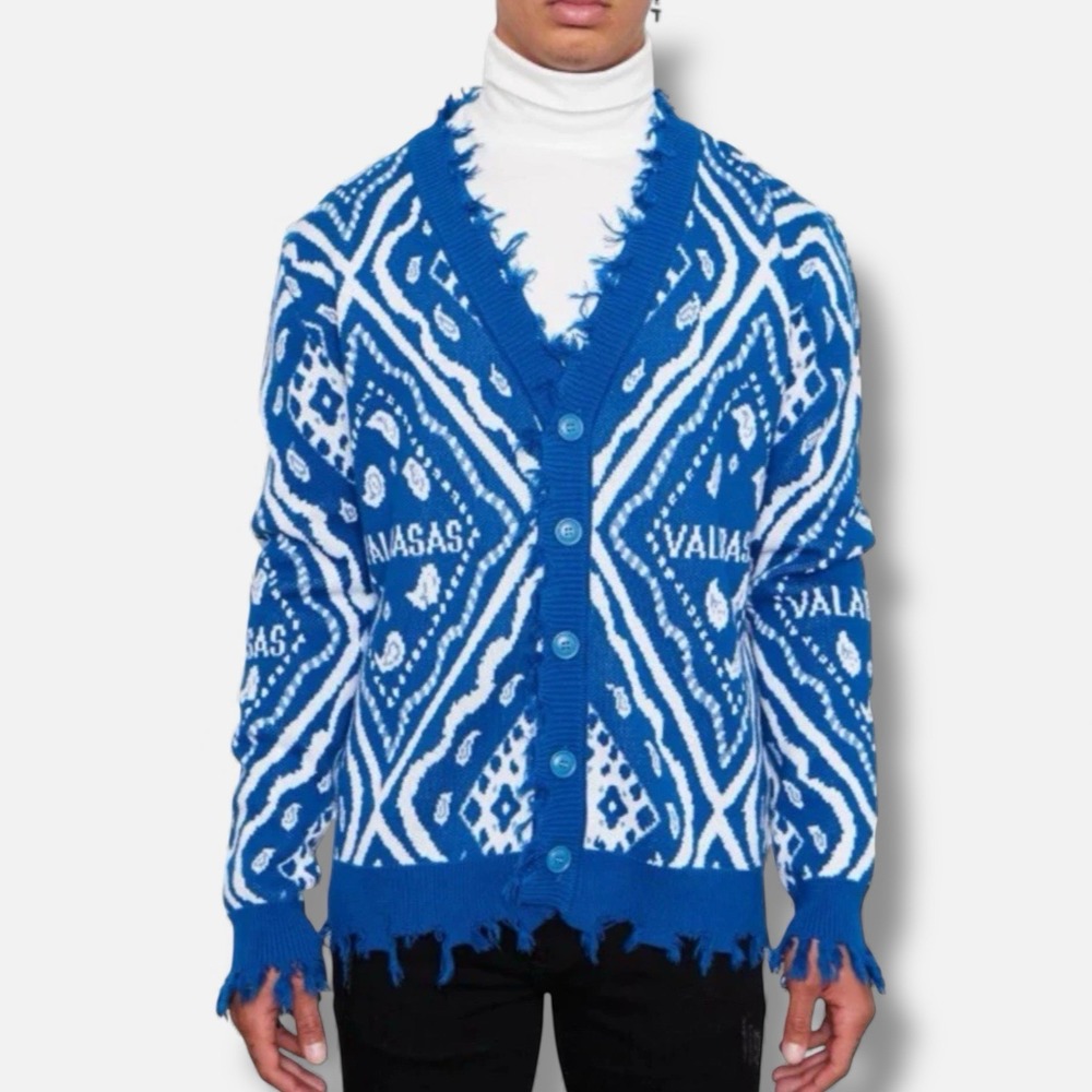 Valabasas The Pledge Cardigan Sweater Blue Distressed Unisex Art‎ to wear Sz S